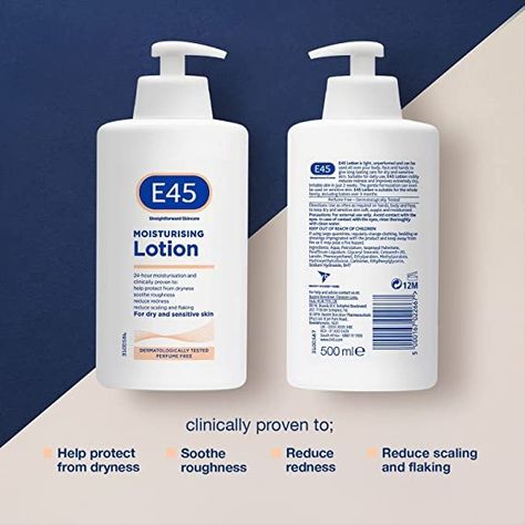 4.7 Stars / 14k Ratings 

E45 Lotion is a light, unperfumed lotion that can be used all over the body, including the face, to provide long-lasting care for dry and sensitive skin.

This lotion has been formulated by skin care experts at E45 and is perfume-free and dermatologically tested and is a suitable moisturiser for even sensitive skin.

E45 Lotion contains a purified, hypoallergenic form of lanolin with excellent moisturising properties.

For 60 years, E45 has been a skincare expert. Moisturiser For Dry Skin, Moisturizer For Sensitive Skin, Lotion For Dry Skin, Moisturizing Body Lotion, Face Lotion, Moisturizer For Dry Skin, Moisturizing Lotions, Hand Lotion, Daily Moisturizer