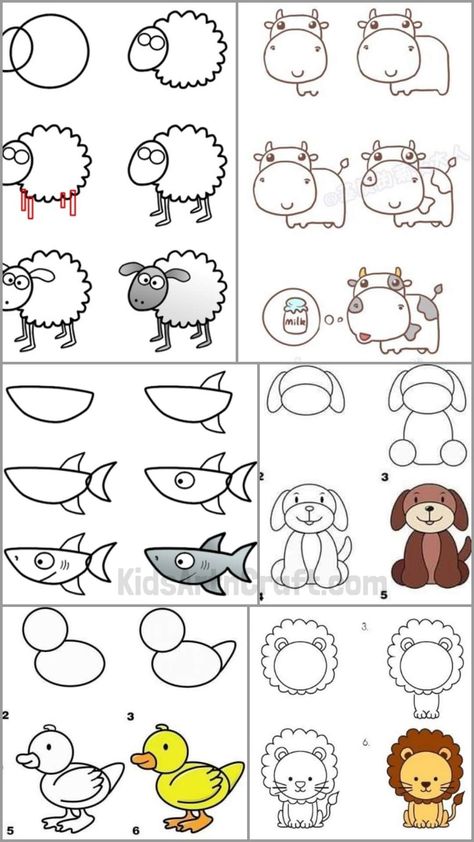 Easy Animals to Draw with Step by Step Tutorials - Kids Art & Craft Easy Way To Draw Animals, Doodle Animals Step By Step, Step Step Drawing, Learn To Draw Animals, Chalk Animals Easy, How To Draw Farm Animals Easy, Step By Step Chalk Drawing, Easy To Draw Animals Step By Step, Step To Step Drawings