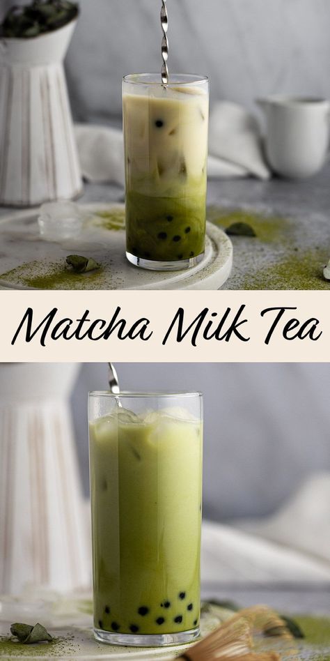 This creamy, vegan matcha milk tea is a delicious bubble tea recipe for anyone who loves matcha. Matcha green tea and almond milk, sweetened with simple syrup, and packed with boba. Served over ice for a refreshing, healthy drink. How To Make Matcha Milk Tea, Macha Milk Tea, Matcha Boba Tea Recipe, Best Boba Tea Flavors, Green Milk Tea Recipe, Healthy Boba, Matcha Bubble Tea Recipe, Matcha Milk Tea Recipe, Milk Tea Flavors