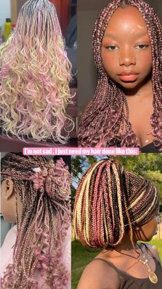 Colored Protective Hairstyles, Neopaliton Braids, Cute Braids Colors, Pink Braid Ideas, Neopaliton Hair Braids, Cute Hairstyles Color, Neopolitan Box Braids, Hair Color Combos Black Women Braids, Nepolian Braids