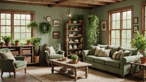 7 Tips for Creating a Cozy Farmhouse Sage Green Living Room - DexDecor Sage Living Rooms, Green Cottage Core Living Room, Trilevel House, Cottage Core Living Room, Sage Living Room, Cottagecore Living Room, Green Couch Living Room, Sage Green Living Room, Distressed Wood Furniture