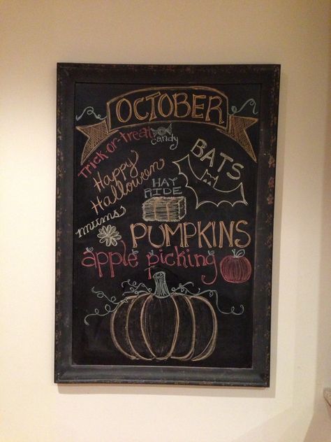 October chalkboard art Fall Chalkboard Art, Halloween Chalkboard Art, Chalkboard Art Diy, Fall Chalkboard, Halloween Chalkboard, Chalkboard Doodles, Liquid Chalk Markers, Chalkboard Poster, Chalkboard Decor