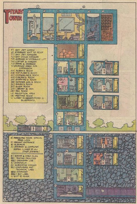 Teen Titans Tower, Tower Interior, Fictional Maps, Titan Tower, Titans Raven, The New Teen Titans, Legion Of Superheroes, Teen Titan, Spatial Design