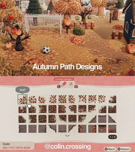 colin of moon 🌙 on Instagram: “autumn leafy path designs posted to my creator ID. they're designed to match the yellow leaf pile. enjoy! i will upload some bonus…” Animal Crossing Leaf, Cottagecore Animal Crossing, Fall Cottagecore, Motif Acnl, Acnh Cottagecore, Autumn Animals, Animal Crossing 3ds, Animal Crossing Guide, Fall Designs