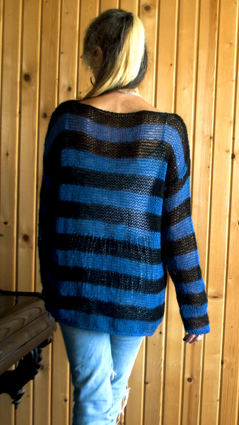 Dark Blue Black Striped Sweater, Sheer Mohair Sweater, Punk Mohair Sweater Sheer Knit Sweater, 90s Goth Outfits, Goth Sweaters, Punk Sweater, Grunge Sweater, Black Striped Sweater, Goth Outfit Ideas, Mohair Jumpers, 90s Goth