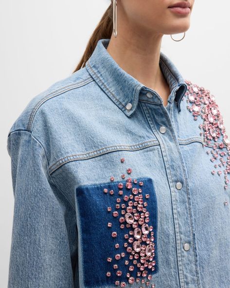 Luxury Denim Tops With Button Cuffs, Luxury Trendy Denim Top, Luxury Embellished Denim Jacket, Luxury Embellished Long Sleeve Denim Jacket, Luxury Denim Blue Button-up Denim Top, Soho Apartment, Diy Denim Skirt, Crazy Shirts, Shirt Typography