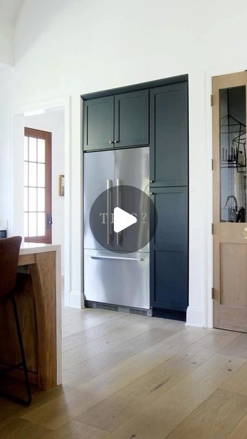 Kelly Jones on Instagram: "Ever since Henry completed the custom white oak built-in fridge in the flip house, I have been thinking about doing the same in our current home. What are your thoughts? Henry also wrote a detailed tutorial on this DIY. If you would like us to send this to you, comment “Custom Panels.”

#kitchendesign #kitchenremodel #kitcheninspiration #beforeafter #kitchenideas" Fridge In Kitchen Ideas, Fridge With Cabinets Around It, Hidden Fridge Built Ins, Transitional Color Scheme, Cabinets Around Fridge, Stained Island, Built In Fridge, Dr Kitchen, Built In Kitchen