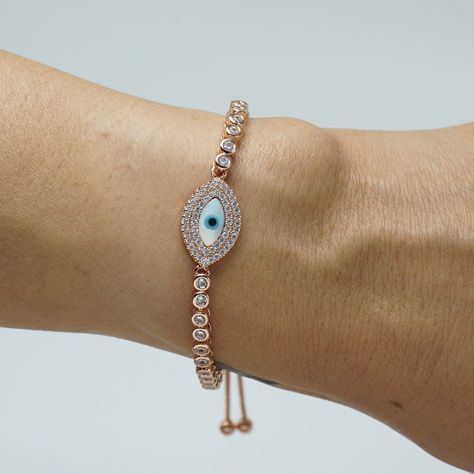 Evil Eye Bracelet Gold, Protection Charms, Evil Eye Crystal, Bracelet Rose Gold, Rose Gold Pearl, Butterfly Jewelry, Eye Bracelet, Evil Eye Bracelet, Rhinestone Bracelet