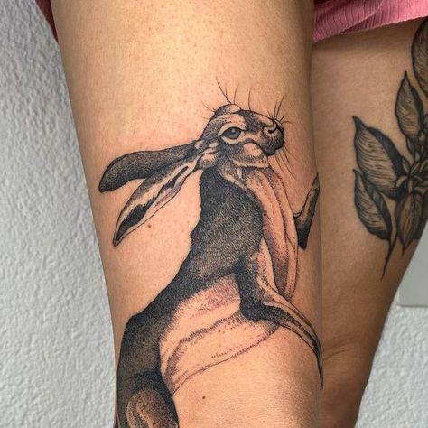 Mattattoo-Tattoowithlove on Instagram: "Running hare Freehand Done in @nicogrind_tattooshop @delight_tattoo_needles @bue2530tattoomachines #undergroundartist #btattooing#thebesttattooartists#TAOT#darkartist#blackworkers#skinartmag#radtattoos#blackworkerssubmission#onlythedarkest#onlyblackart#moreblackink#onlyblacktattoos#fineline#undergroundartist#seabass#singleneedle#mattattoo#blackworkers_tattoo#blacktattoo#illustrationtattoo#illustration#blacktoptattooing#hare#haretattoo#rabbit#rabbitlif Hare Tattoo Blackwork, March Hare Tattoo, Wild Hare Tattoo, Leaping Hare Tattoo, Rabbit Leg Tattoo, Rabbit Back Tattoo, Irish Hare Tattoo, Running Rabbit Tattoo, Fox And Rabbit Tattoo