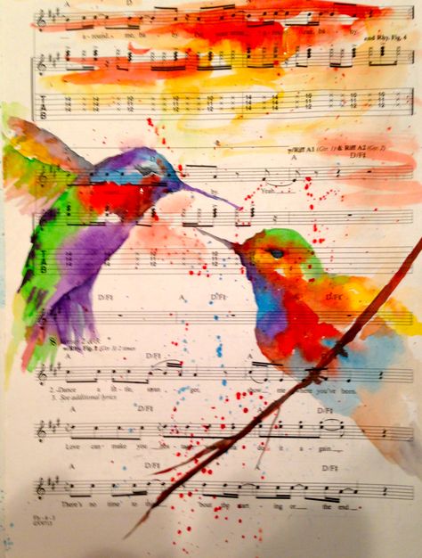 Sheet Music Artwork, Bird Painting Diy, Sheet Music Crafts, Love Birds Painting, Sheet Music Art, Watercolor Art Journal, Music Drawings, Book Page Art, Music Painting