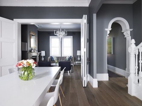 Thinking about the grey paint for our hallway with the white trim and black doors!!!!! Grey Wall Color, Dark Grey Walls, Dark Hardwood, Gray Walls, Contemporary Dining Room, 아파트 인테리어, Design Del Prodotto, Grey Walls, Open Plan Living