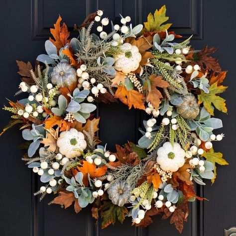 PRICES MAY VARY. 【Fall Wreath Decorations for Home】If you are looking for a beautiful and rustic front door fall wreath that will be appreciated by neighbors and visitors for the coming fall, Halloween or Thanksgiving, it will be your best choice! Beautifully bright pumpkins, maple leaves, roses, berries and twigs bring a rich fall vibe to your front door, farmhouse and home! Welcome to your harvest season! 【Year Round Wreath】The Peony pumpkin is the most classic front door decoration this fall! Maple Leaf Wreath, Pumpkin Garland, Harvest Wreath, Door Wreaths Fall, Fall Garland, Hanging Wreath, Wreath Decoration, Thanksgiving Wreaths, Halloween Decorations Indoor