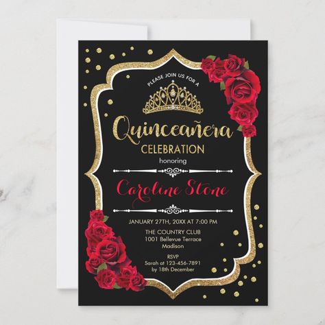 Quinceanera - Gold Black Red Roses Invitation | #redroses #flowers #redblackgold #glittergold #quinceanera #15thbirthday #tiaraquinceanera #princessquinceanera #diamonds #confetti Red Gold Invitation, Invitation Quinceanera, Masquerade Party Invitations, Red Quince, Black And Red Roses, Quince Invitations, Princess Birthday Invitations, Birthday Tiara, Quinceanera Themes