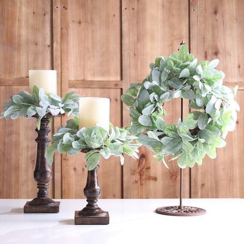 Candle Wreath Centerpiece, Everyday Centerpiece, Spring Mantel Decorating Ideas, Farmhouse Mantle Decor, Wreath Centerpiece, Farmhouse Table Centerpieces, Candle Wreath, Lamb's Ear, Mini Wreath