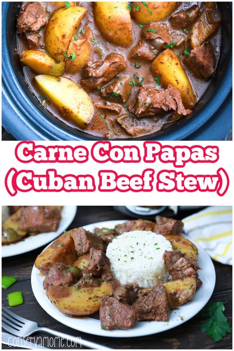 This delicious and easy Carne con Papas recipe is a favorite in our home. A traditional Cuban Beef Stew that will be a welcome addition to any recipe book. Carne Con Papas Cuban, Papas Recipe, Cuban Beef, Slow Beef Stew, South American Recipes, Cuban Cuisine, Hispanic Food, Beef Stew Recipe, Cuban Recipes