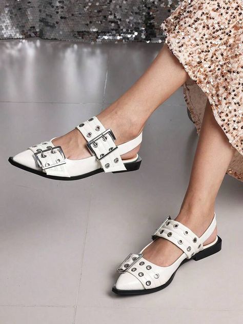 Flat Shoes White, White Punk, Low Heel Dress Shoes, Double Buckle Belt, Square Heels, Street Punk, Summer Heels, Buckle Belt, Shoes White