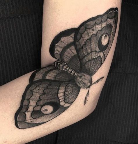 Moth Tattoo Arm Crease, Moth Elbow Tattoo Open Close, Moth Tattoo On Arm, Traditional Cover Up Tattoo, Elbow Crease Tattoo, Black Traditional Tattoo, Tattoo Papillon, Moth Tattoo Design, Elbow Tattoos