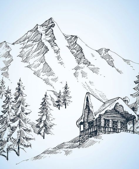 Cabin Winter, Mountain Sketch, Kartu Pokemon, Landscape Pencil Drawings, Old Cabin, Architecture Drawing Sketchbooks, Drawing Hands, Mountain Drawing, Nature Sketch