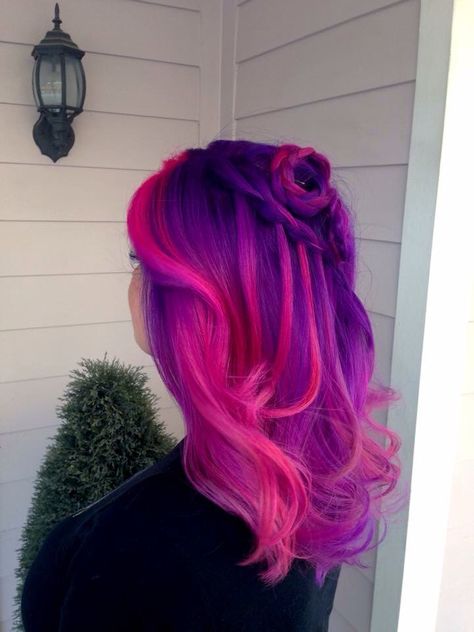 Pink And Purple Color Melt Hair, Split Purple And Pink Hair, Blue To Purple To Pink Ombre Hair, Two Tone Pink And Purple Hair, Purple With Pink Hair, Silver Hair With Vivid Colors, Purple Into Pink Hair, Pink Vivid Hair Color, Hair Color Ideas Pink And Purple