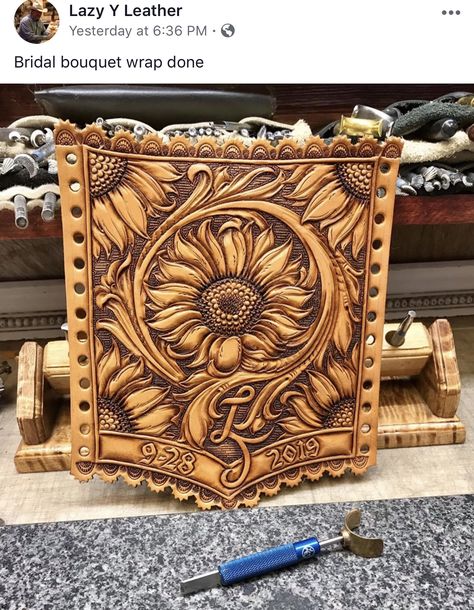 Leather Tooling Flowers, Leather Bouquet Wrap Pattern, Tooled Leather Bouquet Wrap, Cactus Leather Tooling, Leather Wedding Bouquet, Leather Tooled Portfolio, Tooled Leather Bible Cover, Tooled Leather Floral Pattern, Leather Holster Pattern