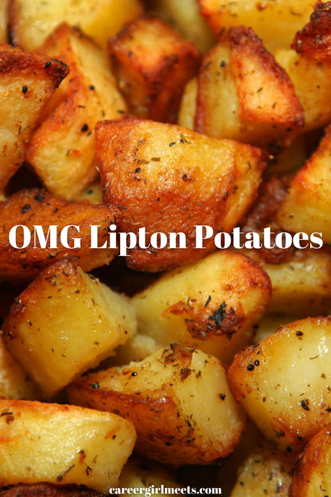 This Lipton onion roasted potatoes recipe is the perfect appetizer side for any dinner! They are so easy to make and incredibly delicious. You can bake them in the oven with a sheet pan, crockpot, air fryer, or slow cooker. I used baby potatoes, one packet of Lipton onion soup mix, and olive oil. This is the easiest potato dish you will ever make, and your guests will love it. 

// garlic herb roasted potatoes // lipton onion roasted potatoes // easy dinner sides // steak // parmesan // Roasted Potatoes With Lipton Onion Soup, Roasted Onion Potatoes, Crockpot Lipton Onion Potatoes, Lipton Onion Roasted Potatoes, Potato Recipes With Russet Potatoes, Roasted Potatoes Lipton Onion Soup, Oven Roasted Canned Potatoes, Lipton Soup Potatoes, French Onion Roasted Potatoes