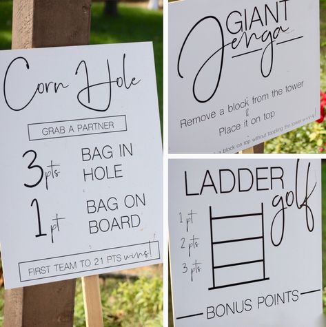 Yard games are perfect for outdoor weddings. Wedding Ideas Games, 90's Games, Yard Games Wedding, Wedding Yard Games, Game Signs, Ladder Golf, Outdoor Wedding Games, Outdoor Wedding Decor, Lawn Games Wedding