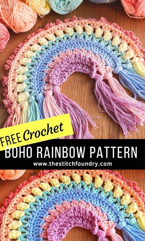 Crochet Rainbow Rug Pattern Free, Cute Thing To Crochet Easy, Free Crochet Rainbow Patterns, Boho Crochet Free Patterns, Crochet Weights, Light Weight Crochet Patterns, Free Rainbow Crochet Patterns, Fun Free Crochet Patterns, East Crochet Patterns For Beginners