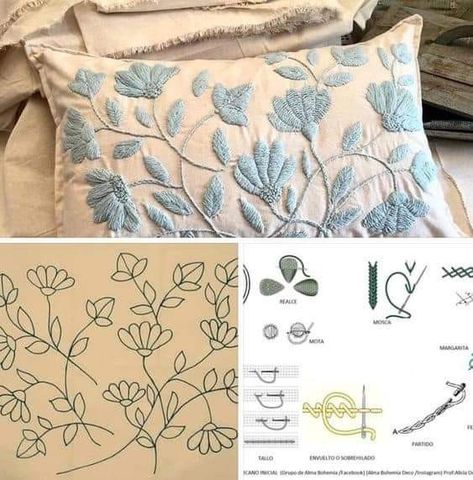 Pillow Embroidery Pattern, Cushion Embroidery Design Ideas, Cushion Embroidery, Bantal Sofa, Basic Embroidery Stitches, Hand Embroidery Tutorial, Handmade Embroidery Designs, Felt Embroidery, Embroidery Stitches Tutorial