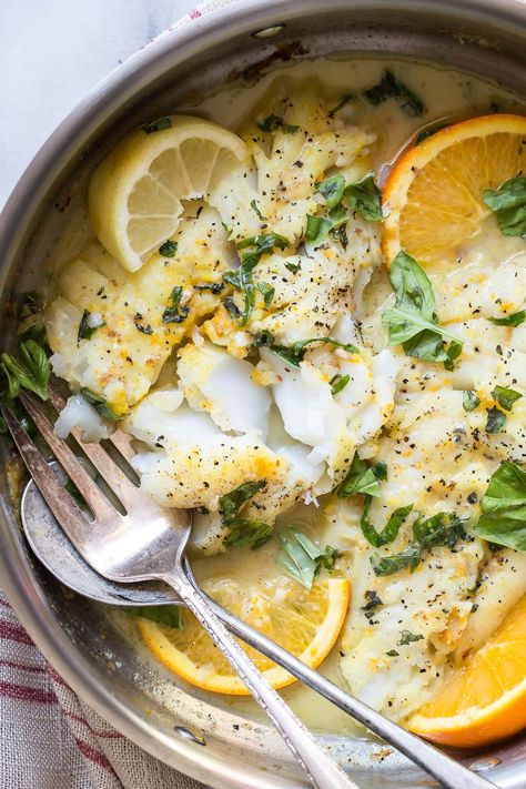 Pan Fried Cod in a basil and citrus butter sauce. This is so easy to make, and it's perfect for a special dinner or even a quick and light lunch. I made some Pan Fried Basil Butter Sauce, Pan Fried Cod, Citrus Butter, Basil Butter, Fried Cod, Fresh Meals, Cod Recipes, Fish Dinner, Seafood Dinner