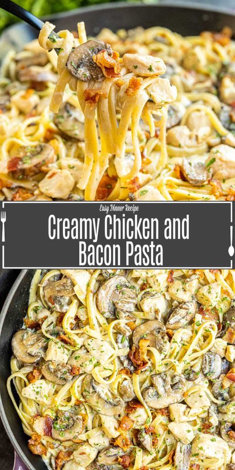 Creamy Chicken and Bacon Pasta combines chicken, bacon, mushrooms, and perfectly cooked pasta tossed in a rich, creamy, cheese sauce. This easy pasta recipe uses a homemade cream sauce made with Parmesan cheese. It's a simple mushroom pasta with bacon and chicken. Make it as an easy weeknight dinner idea or serve it for a romantic dinner for two. If you love pasta recipe you've got to give this one a try. Chicken Bacon Fettuccine Alfredo, Creamy Chicken And Bacon Pasta, Chicken And Bacon Carbonara, Creamy Chicken And Bacon, Chicken And Bacon Pasta, Bacon Mushroom Pasta, Bacon Pasta Recipes, Chicken Bacon Pasta, Creamy Cheese Sauce