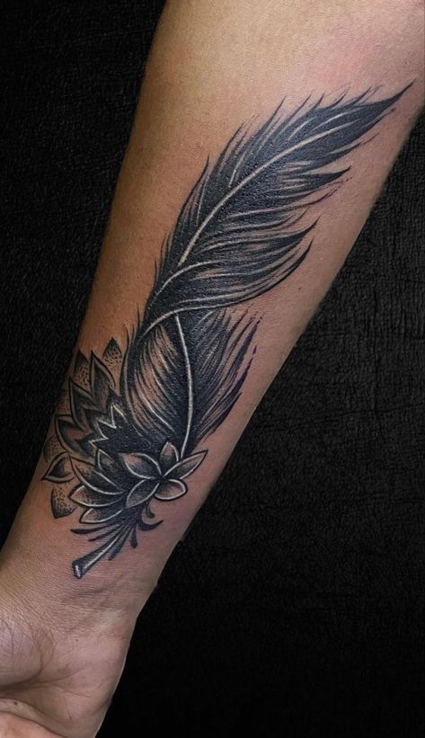 Feather Hand Tattoo, Feather Tattoo Stencil, Black Feather Tattoo, Feather Tattoo Ideas For Women, Feather Tattoo Cover Up, Cover Up Name Tattoos, Plume Tattoo, Cool Tattoos With Meaning, Tiny Foot Tattoos