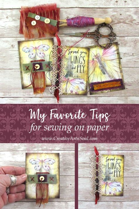 Tips for Sewing on Paper Slow Stitch Junk Journal, Sewing Paper Crafts, Embroider Paper, New Year Card 2023, Sewing On Paper, Sew Paper, New Year Card Ideas, Sewing Paper, Paper Techniques