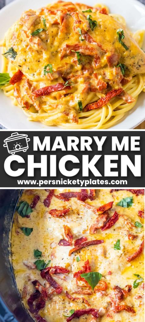 Slow cooker marry me chicken is an Italian-inspired recipe made with tender, juicy chicken slow-cooked in a seasoned, rich, buttery cream sauce with sundried tomatoes and basil. It’s fancy enough for a special occasion but easy enough to make throughout the week. Serve over pasta, rice, or mashed potatoes for a tasty meal everyone will devour! | www.persnicketyplates.com Crock Pot Mary Me Chicken, Marry Me Chicken Crock Pot Pasta, Crock Pot Marry Me Chicken, Marry Me Chicken Crock Pot, Crockpot Marry Me Chicken, Crockpot Sunday Dinner, Creamy Sun Dried Tomato Sauce, Persnickety Plates, Italian Chicken Crockpot