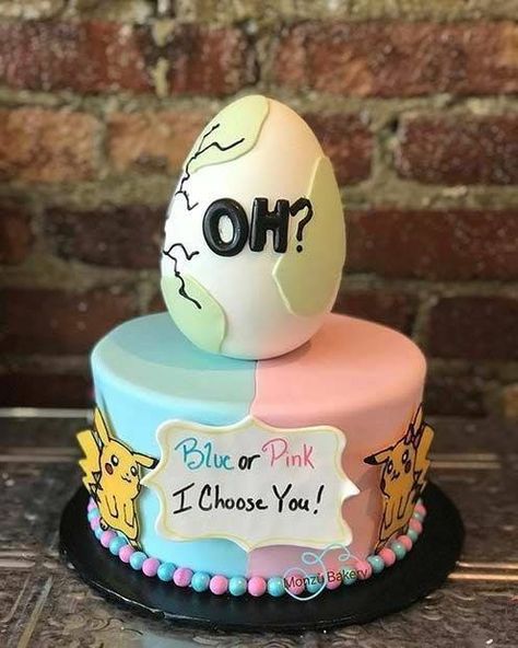 Pokemon Gender Reveal, Reveal Cake Ideas, Gender Reveal Cake Ideas, Disney Gender Reveal, Gender Reveal Party Food, Baby Reveal Cakes, Simple Gender Reveal, Gender Reveal Baby Shower Themes, Nerdy Baby