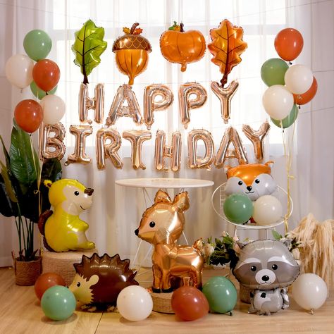 PRICES MAY VARY. Birthday package includes: 1 Sika Deer balloon,1 hedgehog balloon,1 raccoon balloon, 1 squirrel balloon, 1 fox balloon, 2 leaf balloons, 1 pumpkin balloon, 1 pine nut balloon, 1 'Happy Birthday' balloon, 20 colored round latex balloons, 1 balloon ribbon, and 1 balloon suction tube. The happy birthday decoration balloons have uniform, fresh and bright color, high quality and thick layers that are not easy to burst and leak. The latex balloons are durable with very small odor. Dea Woodland Theme Birthday, Camping Birthday Party Theme, Deer Birthday, Woodland Balloon Decorations, November Birthday Ideas, First Birthday Themes Fall, Woodland Balloons, Fall Birthday Party Decorations, Fall Theme Birthday Party