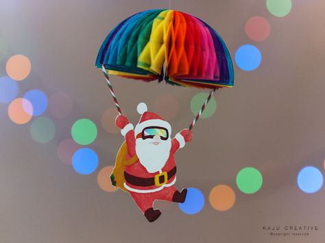 Santa Parachute Xmas Mobile Art (Christmas Party Decoration) 50th Party, Mobile Art, Birthday Games, Christmas Party Decorations, Christmas Party, Christmas Themes, Kids Party, Party Themes, Birthday Parties