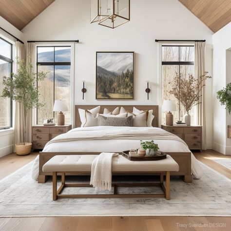 Calm Luxury Bedroom, Bed With Different Color Nightstands, Modern Farmhouse Bedroom Master Suite Vaulted Ceilings, Master Bedrooms Decor Modern Luxury, Contemporary Farmhouse Bedroom, Mediterranean Bedroom Ideas, Trim Windows, Modern Farmhouse Bedroom Ideas, Sea Biscuit