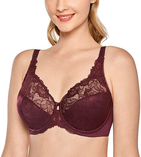 DELIMIRA Women's Beauty Lace Non Padded Minimizer Full Figure Underwire Bra at Amazon Women’s Clothing store Best Bras For Large Bust, Bras For Large Bust, Wallets Women, Minimizer Bra, Purple Bras, Best Bras, Women's Wallets, Bra Size Charts, Dd Cup