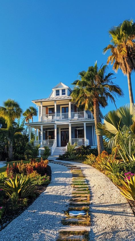 Serene blue beach house surrounded by lush tropical garden with vibrant plants, luxury vacation home concept Vacation Houses Beach, Malibu House Beach, Tropical Home Exterior, Palm Beach House, Miami Beach House, Bahamas House, Tropical Homes, Australian Beach House, Blue Beach House