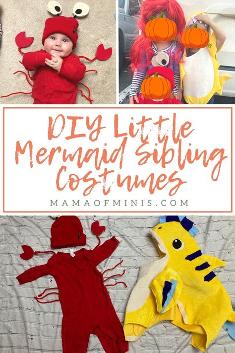 DIY Little Mermaid Sibling Costumes Homemade Flounder Costume, Sebastian Crab Costume Diy, Diy Ariel Costume Kids, Little Mermaid Costume Family, Diy Sebastian Costume, Little Mermaid Family Costume Halloween, Sebastian Costume Little Mermaid, Diy Crab Costume, Little Mermaid Diy Costume