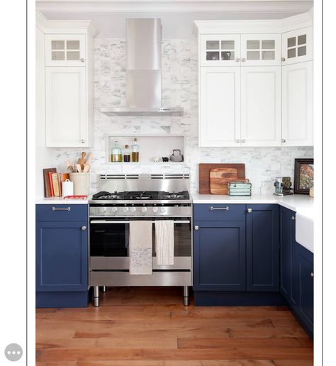 Love this shade of blue!  Newbury Port by Benjamin Moore. Feng Shui Kitchen Colors, Kitchen Open Concept, Full House Tv Show, Feng Shui Kitchen, Blue Kitchen Designs, Coastal Farmhouse Kitchen, Rainbow Kitchen, Two Tone Kitchen Cabinets, Kitchen Cabinet Trends