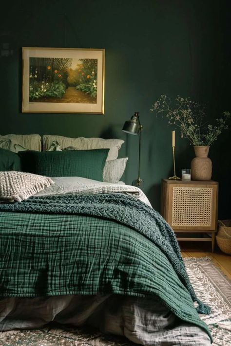 Green Bedroom Dark, Green And Beige Bedroom, Black And Dark Green Bedroom, Green And Cream Bedroom, Green And Black Bedroom, Pink And Green Room, Hunter Green Bedrooms, Bedroom Sage Green, Forest Green Bedrooms