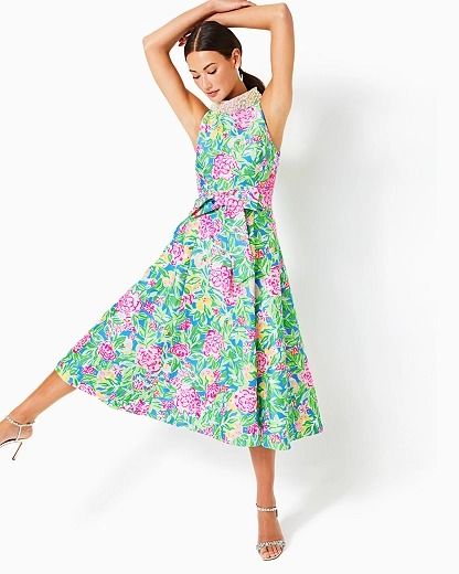 Lilly Pulitzer x Badgley Mischka Willa Halter Dress, Image Multicolored Dress, Beaded Collar, Formal Dresses For Women, Silk Charmeuse, Knit Mini Dress, Halter Neckline, Badgley Mischka, Dress Romper, Fit And Flare Dress