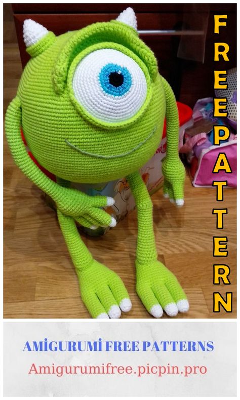 Amigurumi Mike Wazowski Free Crochet Pattern,  #amigurumimonster Monsters Inc Crochet, Character Crochet, Minion Crochet Patterns, Disney Crochet, Disney Crochet Patterns, Crochet Monsters, Animal Crochet, Crochet Disney, Mike Wazowski