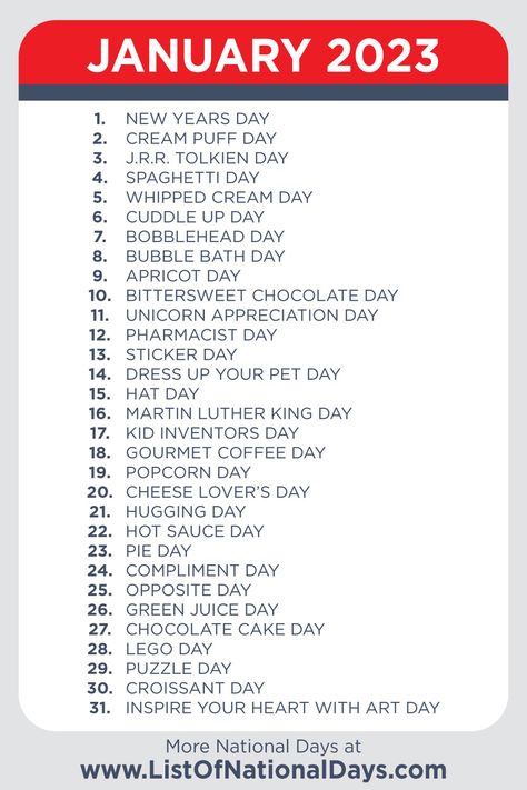 A printable list of national days for January 2023 2023 National Days, January National Days, National Days In January, List Of National Days, National Celebration Days, Monthly Holidays, National Holiday Calendar, Silly Holidays, Life Planner Organization