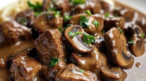 Beef tips with mushroom gravy is the ultimate comfort food, offering rich, savory flavors and melt-in-your-mouth tenderness in every bite. This dish combines perfectly seared beef tips with a ... Read more Slow Cooker Sirloin Beef Tips In Mushroom Gravy, Beef And Mushroom Recipes, Beef Tips And Mushroom Gravy, Beef Tips Noodles, Beef Tips With Mushroom Gravy, Beef And Mushroom Recipe, Crockpot Beef Tips, Beef Tips And Noodles, Beef Tips And Gravy