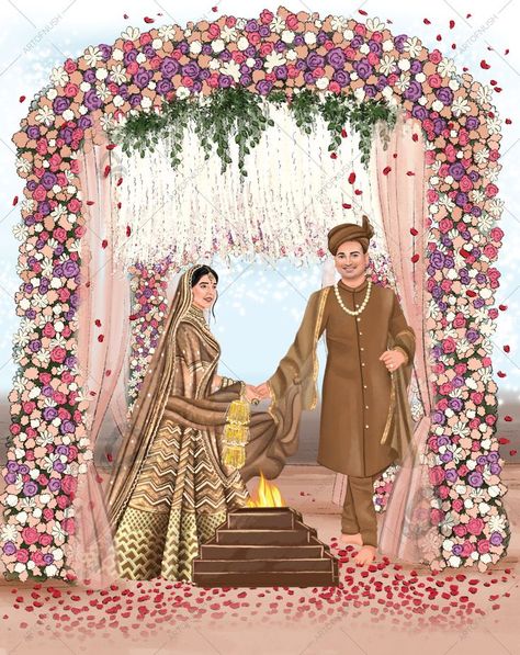 Wedding Illustration Card, Wedding Couple Cartoon, Wedding Card Design Indian, Indian Wedding Invitation Card Design, Wedding Caricature, Digital Invitations Wedding, Indian Wedding Invitation Cards, Indian Wedding Couple, Wedding Invitation Video