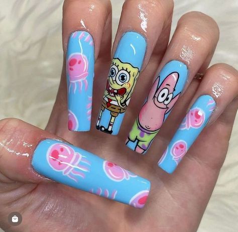 Sponge Bob Nails, Spongebob Nail Art, Crazy Acrylic Nails, Nail Contest, Spongebob Nails, Sandy Cheeks, Mr Krabs, Nail Salon Design, Nail Art Disney