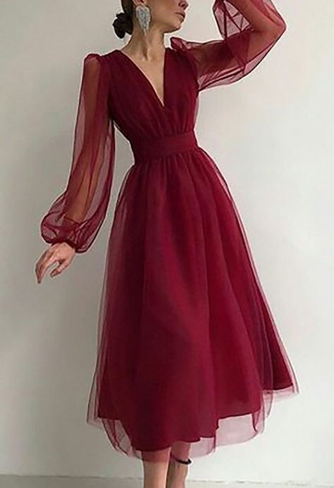 Long Sleeved Dress Midi, Symphony Dress, Tea Length Prom Dress, Clothing Reference, Strawberry Dress, V Neck Prom Dresses, Evening Party Gowns, Guest Attire, Custom Size Dresses