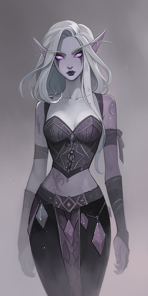 Dnd Dhampir Female, Dark Elf Female Character Design, Tiefling Monk Female, Elfs Drawing, Science Fiction Character Design, Dnd Asamir, Scifi Elf, Elf Oc Character Design, Astral Elf Female Dnd